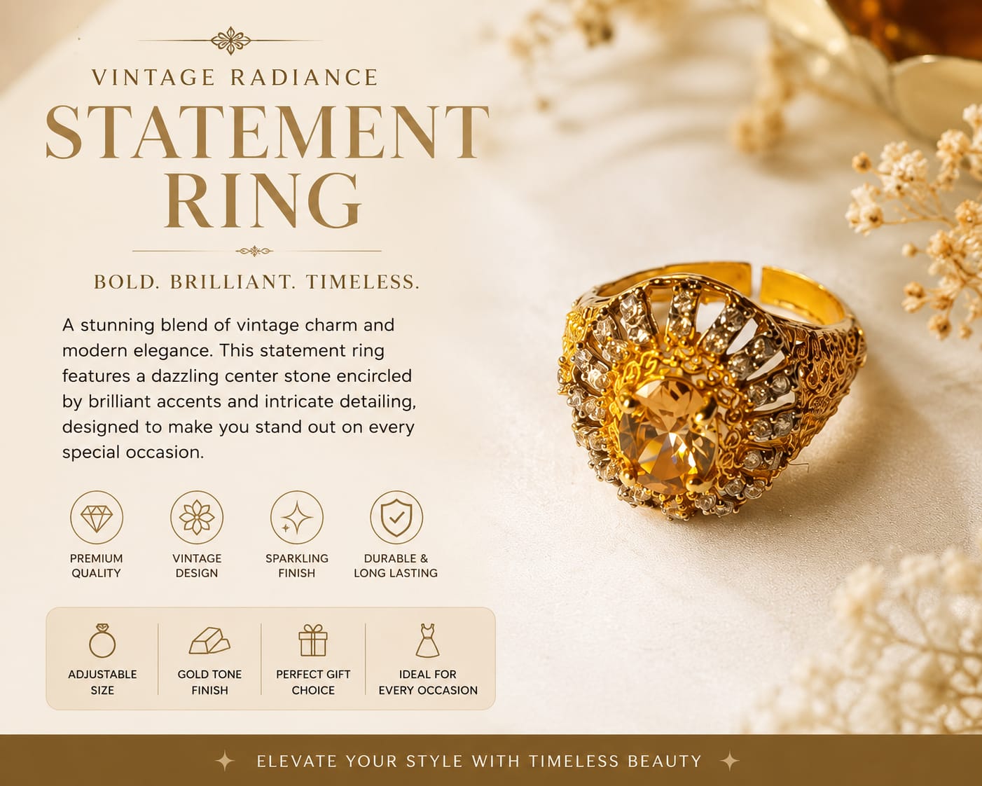 Gold Tone Crystal Cocktail Ring for Women