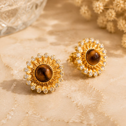 Royal Sunburst Tiger Eye Stud Earrings | 22K Gold