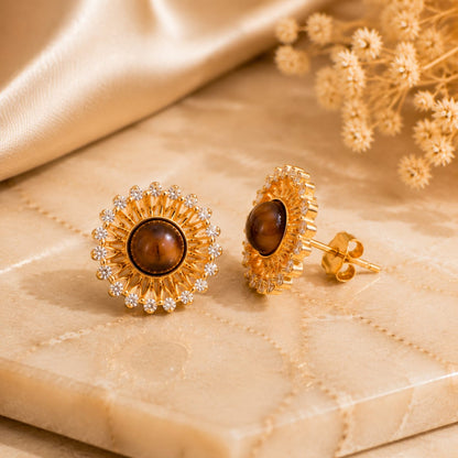 Royal Sunburst Tiger Eye Stud Earrings | 22K Gold