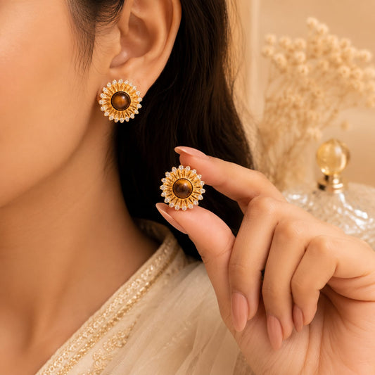 Royal Sunburst Tiger Eye Stud Earrings | 22K Gold