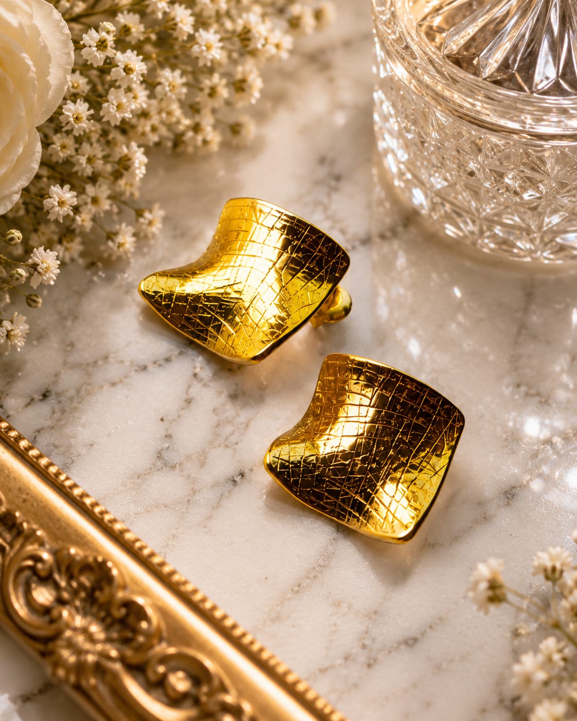 Vintage Textured Gold Statement Stud Earrings