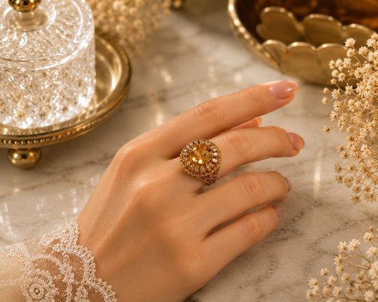 Gold Tone Crystal Cocktail Ring for Women