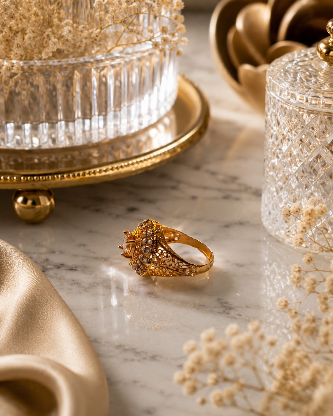 Gold Tone Crystal Cocktail Ring for Women