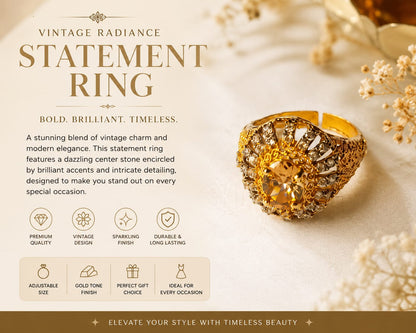 Gold Tone Crystal Cocktail Ring for Women