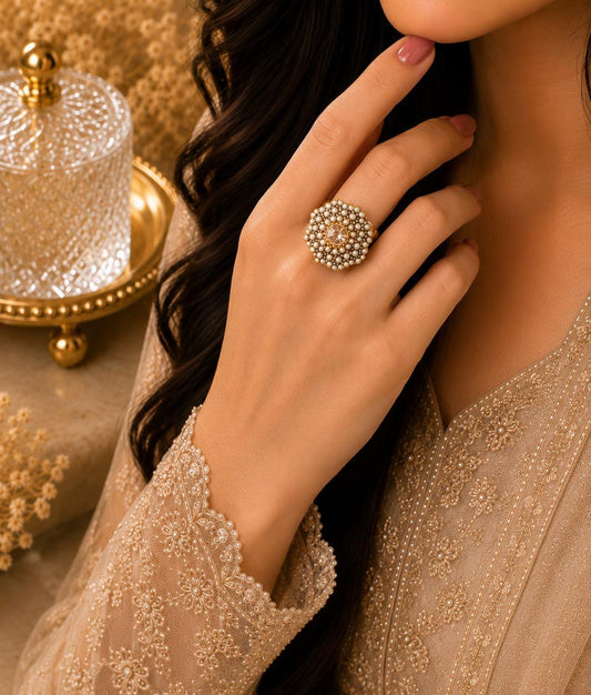 Luxury Pearl Blossom Adjustable Ring for Women – Gold Plated Floral Statement Ring