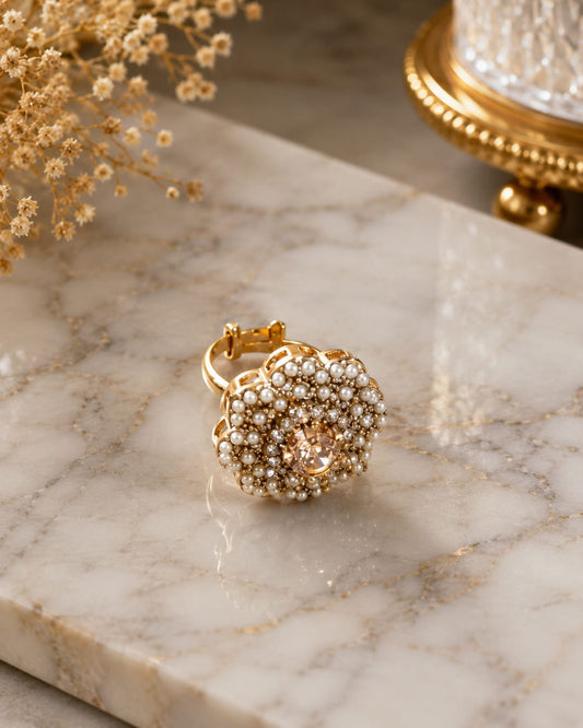 Luxury Pearl Blossom Adjustable Ring for Women – Gold Plated Floral Statement Ring