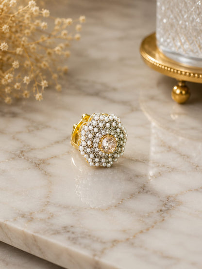 Luxury Pearl Blossom Adjustable Ring for Women – Gold Plated Floral Statement Ring