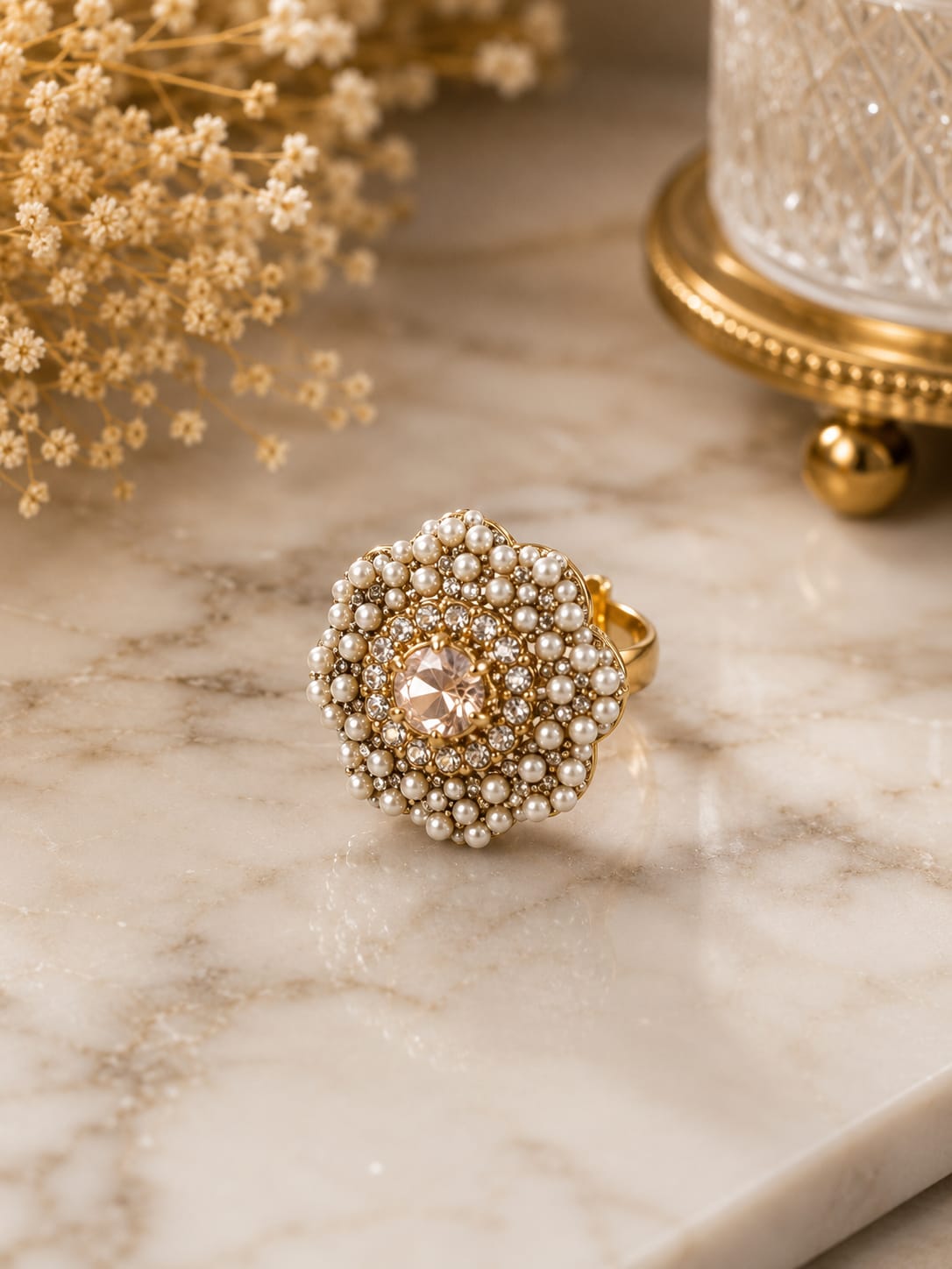Luxury Pearl Blossom Adjustable Ring for Women – Gold Plated Floral Statement Ring