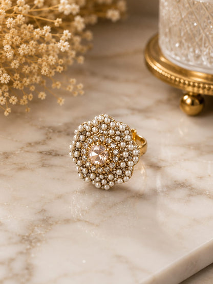Luxury Pearl Blossom Adjustable Ring for Women – Gold Plated Floral Statement Ring